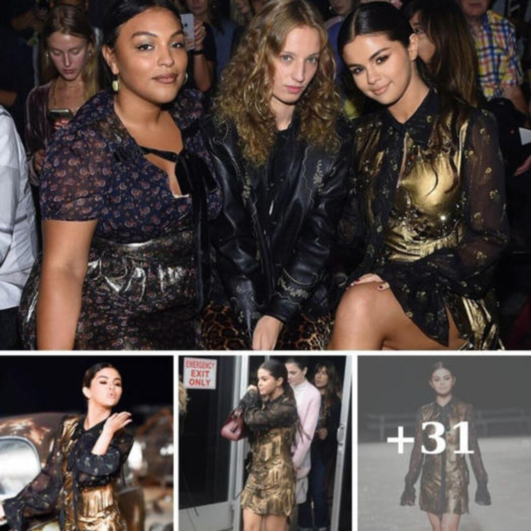 Selena Gomez flaunts her legs in gold and black fringed dress for Coach 1941 show during New York Fashion Week