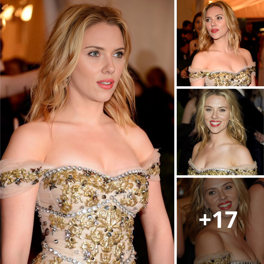 Scarlett Johansson reveals her round triple circle while wearing a yellow dress studded with diamonds at a party